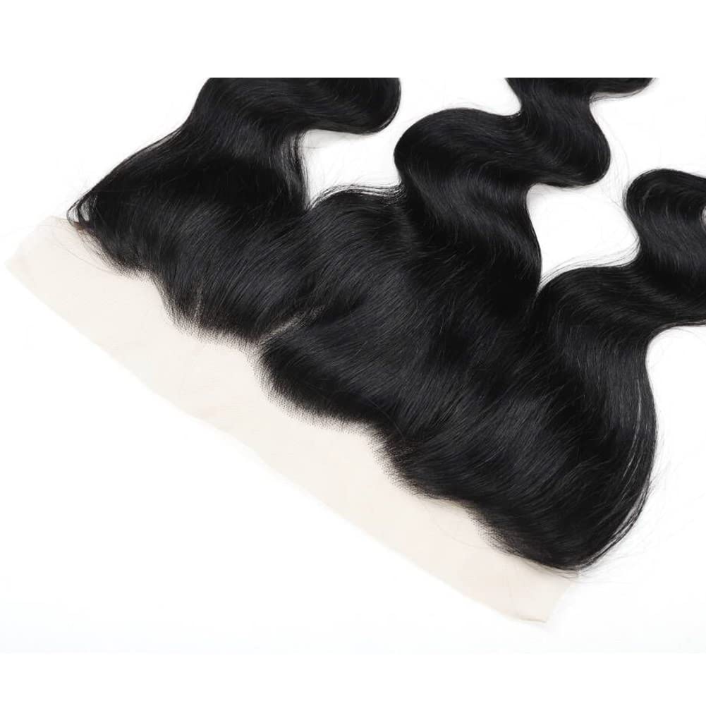 Amella 13x4 Lace Frontal Ear To Ear Transparent Lace Frontal Closure 14 Inch Brazilian Body Wave Human Hair Full Lace Frontal Free Part 130% Density Frontal Pre Plucked with Baby Hair Natural Color