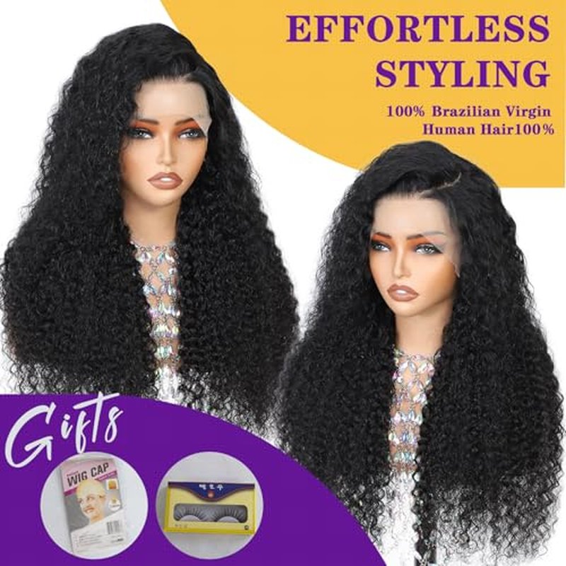Deep Wave Lace Front Wigs Human Hair 13x6 HD Pre Plucked curly wig 200 Density Deep Wave Curly Glueless Frontal Wigs for woman Human Hair £¨20 inch,Natural Black£©