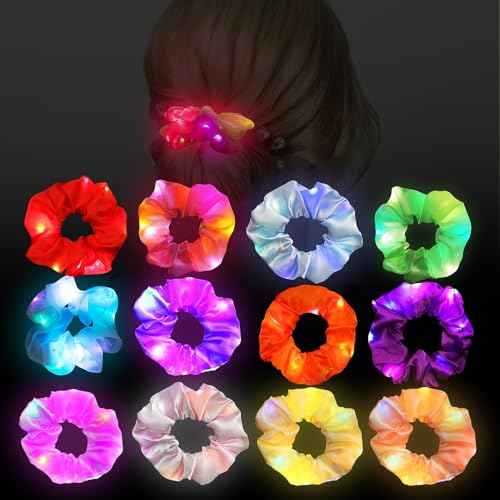 12 Pcs LED Scrunchies, Light Up Scrunchies, Neon Scrunchies Elastic Glow in the Dark Srunchies Rave Accessories for Women Birthday Gift Party Favors Halloween Christmas New Year