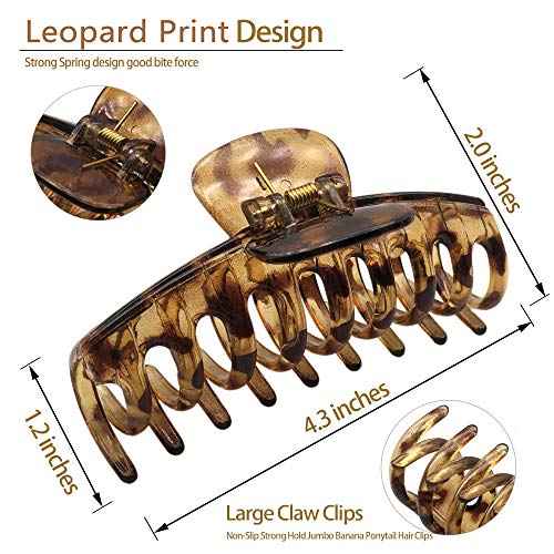 OWIIZI Large Hair Claw Clips for Women 4.3" Matte Leopard Jumbo Hair Clips Non-Slip Ponytail Barrette Strong Hold Claw Clips for Girls Long Thick Hair (4Packs)