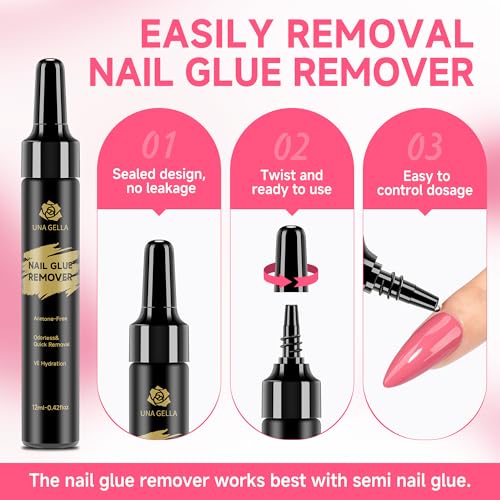 UNA GELLA Quick Removal Gel Nail Glue Remover for Press On Nails: Acrylic Nails Semi Solid Nail Glue Acetone-Free, Not for Gel Polish Base Coat Soak Off Remover Kit Drip Use, 12ml*2pcs