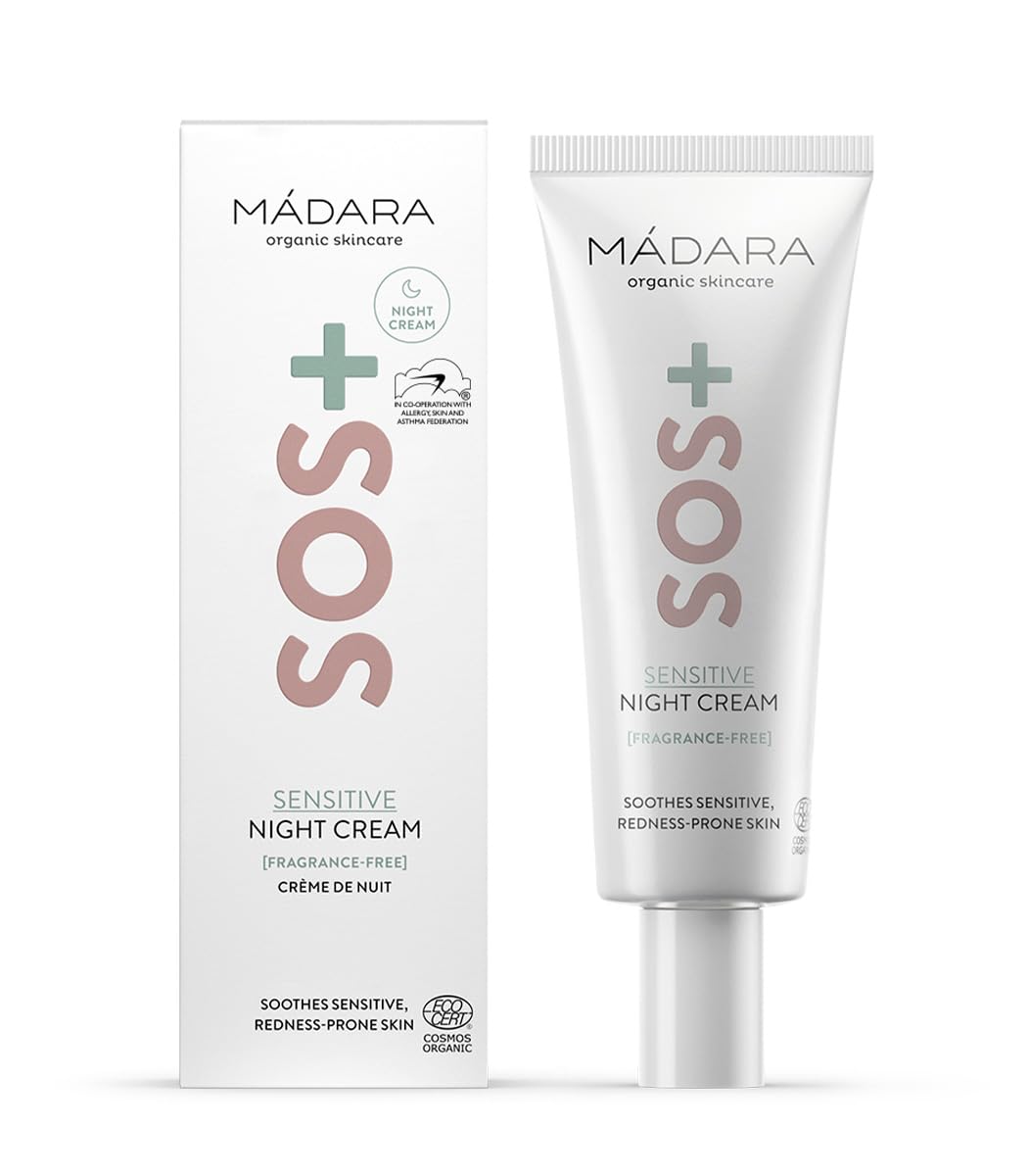 Madara Organic Skincare | SOS+ Sensitive Night Cream - Calming Moisture for Redness-Prone Skin, Fragrance-Free