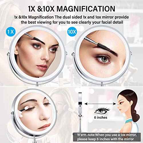 8" Lighted Makeup Mirror, 10X Makeup Mirror with Lights, Double Sided Dimmable Magnifying Mirror with Light, Rechargeable and Brightness Adjustable, Cordless Vanity Mirror with Lights