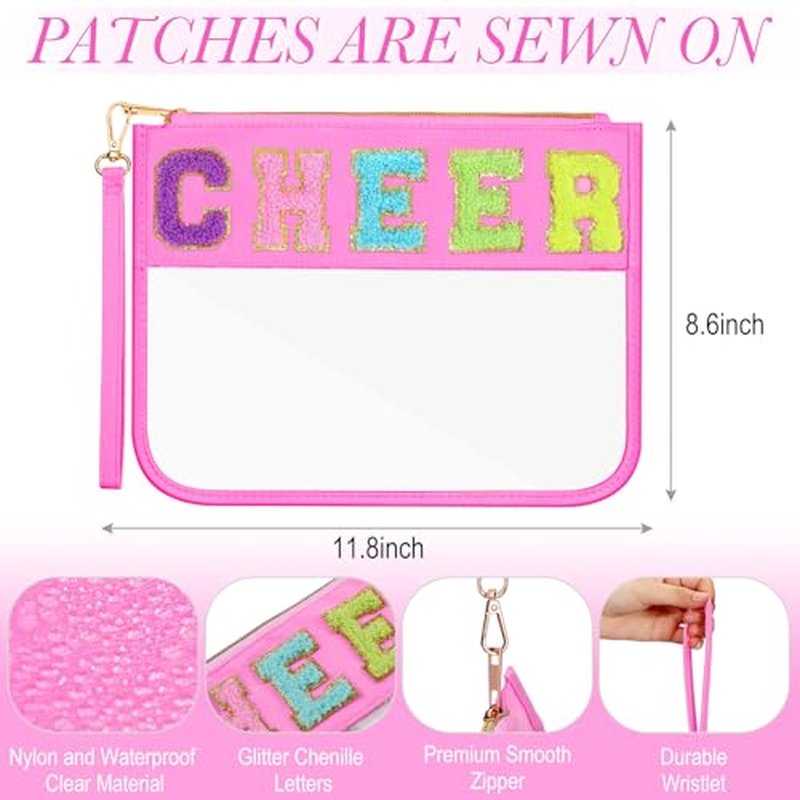 Abbylike 12 Pcs Snack Bags Clear Chenille Letter Cheer Zipper Pouch Waterproof PVC Large Travel Makeup Cosmetic Storage Organizer Bag for Mom Team Cheerleaders Teacher (Pink)
