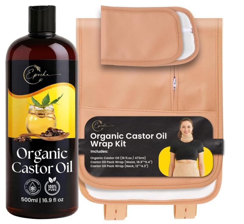 Organic Cold Pressed Castor Oil Pack Wrap Set - Reusable Cotton Neck & Stomach Wraps | Adjustable Straps for Relaxation & Detox 16oz