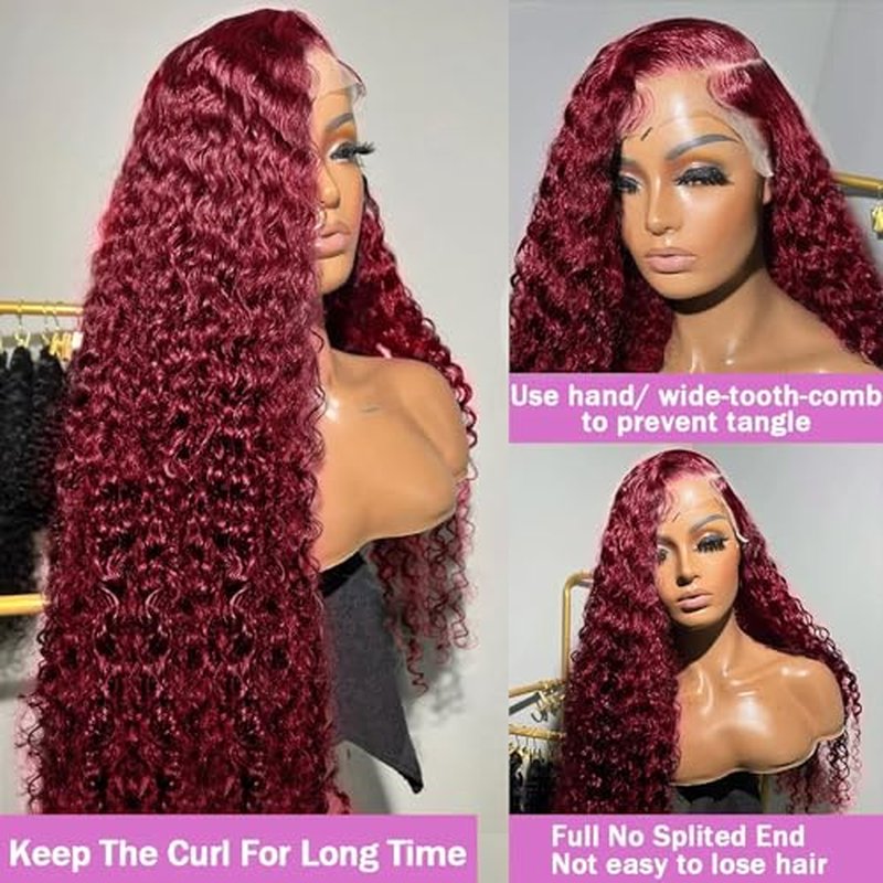 99j Burgundy 13x5 Deep Wave HD Lace Front Wigs Human Hair Pre Plucked Colored Curly Human Hair Wig Glueless Deep Curly Lace Frontal Wigs Red Human Hair Wigs for Women 180% Density £¨22 Inch£©