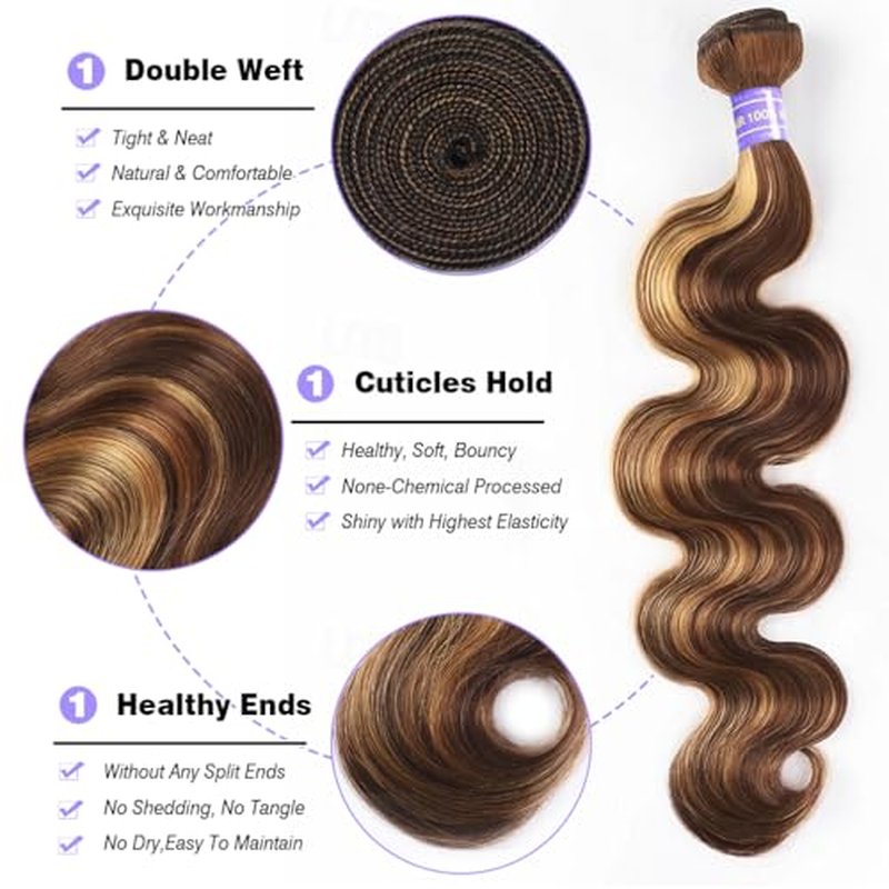 Perstar Ombre Highlight Body Wave Bundles Human Hair Honey Blonde 4/27 Human Hair Bundles 18 20 22 Inches Soft and Healthy 100% Unprocessed Brazilian Virgin Remy Hair Weft