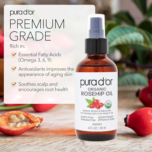PURA D'OR ORGANIC Rosehip Seed Oil Hair Relaxer (4 Oz x3 = 12 Oz) 100% Pure Cold Pressed USDA Certified All Natural Anti-Aging, Scar Treatment, Gua Sha Massage, Face, Hair & Skin - Women & Men