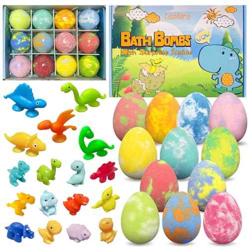 Bath Bombs for Kids with Surprise Toys Inside, 12 Pack Natural Dino Egg Bath Bombs with Dinosaur Suction Cup Toys, Bubble Bath Fizzers Ball Gift Set for Boys Girls Birthday, Summer Fun