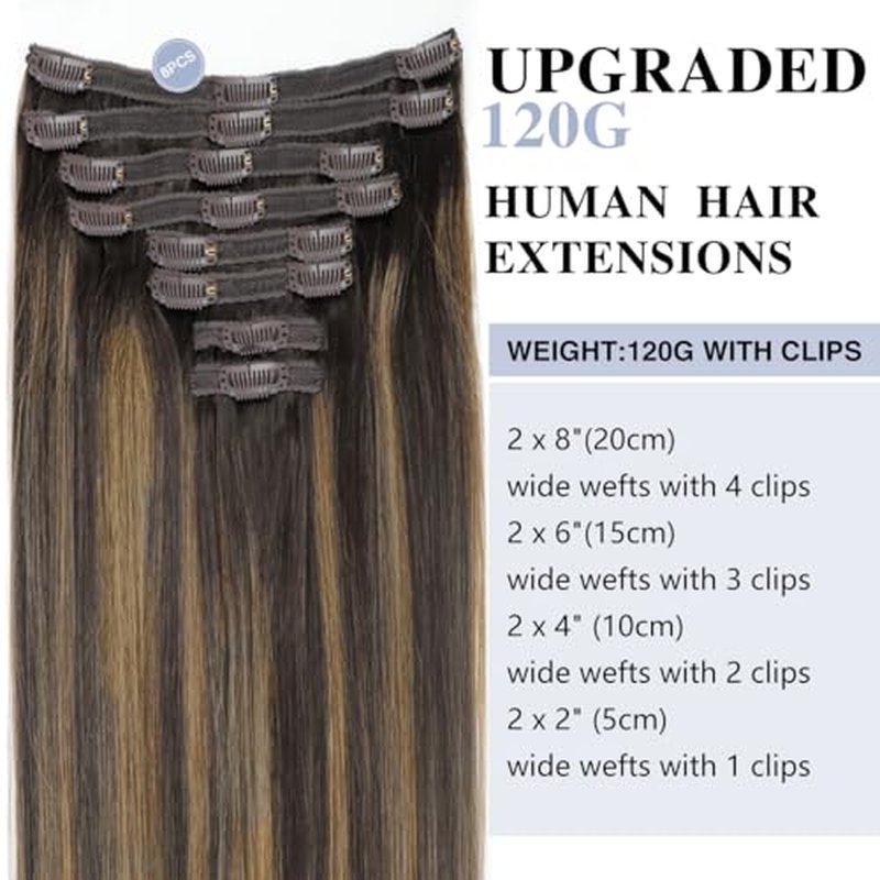 Straight Clip In Hair Extensions Real Human Hair 8Pcs Clip In Balayage Dark Brown to Chestnut Brown Human Hair Extensions with 18Clips Lace Weft 120g 24inch