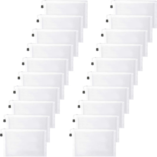 Puchifoda 20 Pieces Mesh Bags Mesh Zipper Pouch Makeup Cosmetic Bag Pencil Pouch, 9.5 x 7.1 inches (White)