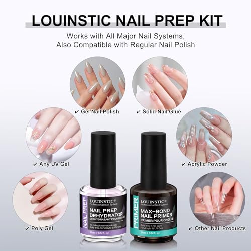Nail Dehydrator & Acid-Free Primer for Acrylic & UV Gel Polish (All Gel Types), with Chrome Powder & Tool. HEMA-Free, No Burn, No Lift, Quick Air Dry, Low Irritant, Salon & Home DIY Nail Use, 2X15mL