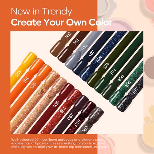 Modelones Fall Dip Powder Nail Kit 20 Colors, Orange Red Green Brown Glitter Dipping Powder Starter Set Base&Top Activator Liquid French Nail Art Salon DIY Kit Gifts for Women