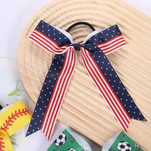 Hipcheer 20pcs Collegiate Style Cheer Bows for Girls, Long Tail Skinny Cheer Bow Ponytail Holder Handmade Bows for Girls Teens Softball Cheerleader Sports (Red Blue)