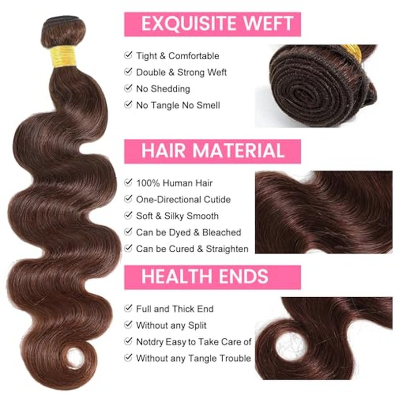 12A Chocolate Brown Human Hair Bundles Body Wave Bundles Human Hair 18 20 22 Inch 100% Unprocessed Brazilian Virgin Hair Body Wave 3 Bundles Deals Real Human Hair Extensions For Black Women