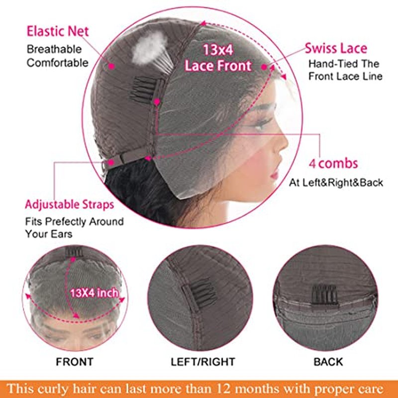 Kinky Curly 13x4 HD Lace Front Human Hair Wigs 180% Density Kinky Curly Glueless Wig 12A Brazilian Virgin Hair Pre Plucked With Baby Hair 20Inch Afro Kinky Curly Lace Frontal Wigs For Women