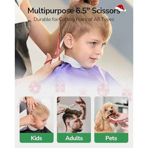 ULG Kids Hair Cutting Scissors Set - Safe Round Tip Shears for Toddlers, Adults & Pets, Professional Japanese Stainless Steel, 30-Tooth Thinning & Razor Edge Barber Kit with Comb & Case, Christmas Red