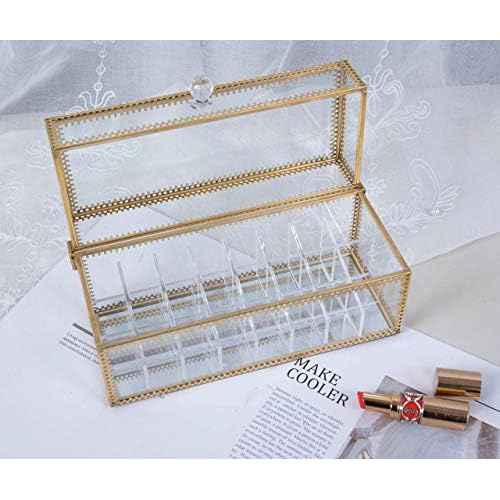FSyueyun Glass Lipstick Organizer Holder with 24 Slot, Dust Free Vanity Lip Gloss Lipstick Eye Liner Makeup Display Cases Decoration for Dresser Countertop