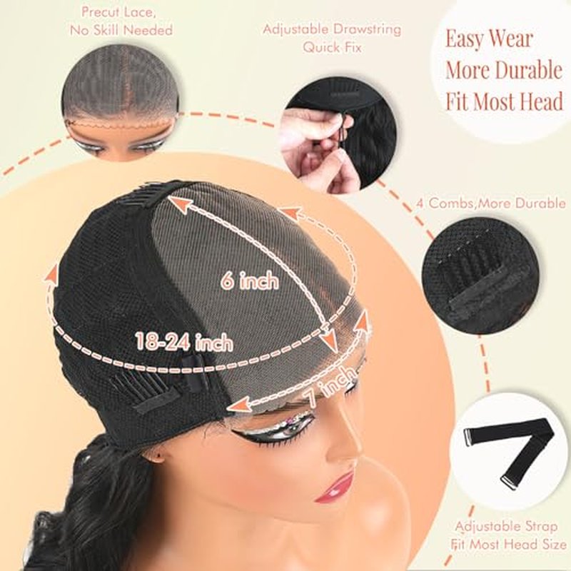 250% Density Glueless Wigs Human Hair Pre Plucked Pre Cut 7x6 HD Lace Closure Wigs Human Hair Body Wave Lace Front Wigs Human Hair for Women Drawstring Glueless Wig for Beginners 18 inch