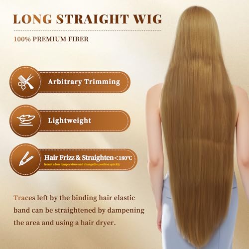 48 Inches Surper Long Straight Wig for Women Flat Bangs Soft Yaki Kinky Wigs for Daily Party Halloween Christmas Cosplay Wig Synthetic Hair Strawberry Blonde 120CM