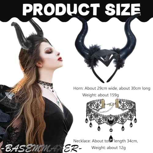 Devil Horns Headband with Lace Choker Gothic Necklace for Women Halloween Black Cosplay Horn Hair Hoop Dress Up Hair Accessories for Carnival Party Medieval Costume Headpieces