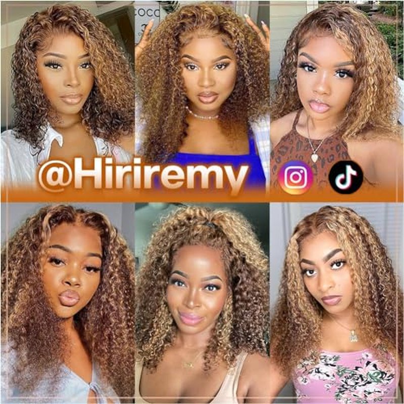 Curly Bob Wig Human Hair Deep Wave 13x4 HD Lace Front Wigs For Black Women Human Hair Pre Plucked Wear And Go Glueless Short Wet And Wavy Ombre Honey Blonde Highlight Color 4/27 16 Inch