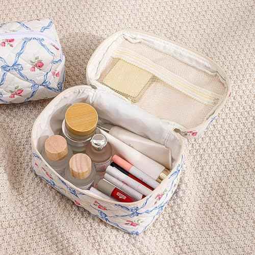 Large Makeup Bag, Cute Cosmetic Bags for Women Girls, Quilted Floral Toiletry Bag, Travel Make Up Organizer Bag