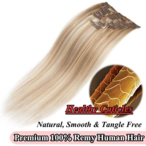 MY-LADY Clip in Hair Extensions Real Human Hair Ash Blonde & Bleach Blonde 14 Inch 60g Remy Hair 8pcs Weft Balayage Full Head Straight for Women