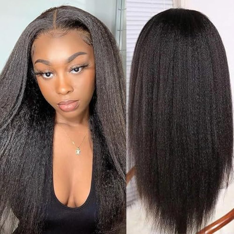 13X6 Kinky Straight Wig 16inch Yaki Straight Human Hair Wig 180% Density 13X6 HD Lace Front Wigs Human Hair Pre Plucked Glueless KinkyStraight Human Hair Wigs