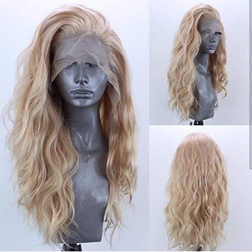 ELESTY Long Natural Curly Glueless Lace Front Wig Gloden Blonde Synthetic Lace Front Wigs for Women Left Part Glueless Heat Resistant Fiber Hair Daily Party Wig ¡¦