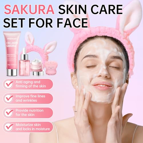 Sakura Skin Care Set for Teen Girls, Skincare Gift Set for Teens 10-12, Hydrating & Soothing, 5 Pcs Collagen Skincare Routine Kit for Women with Cleanser, Serum, Cream, Bunny Headband, Cleansing Brush