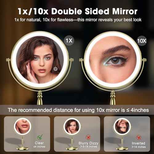 Matekxy 8" Lighted Makeup Mirror with Magnification - 1X/10X Magnifying Desk Mirror with Rechargeable LED Lights, 3 Colors Dimmable Tabletop Mirror, Brass Gold