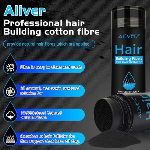 Aliver Hair Fibers for Thinning Hair - Black - 27.5Gr,Undetectable Natural Formula, Thicker Fuller Hair in 15 Seconds, Conceals Hair Loss, Look Younger, for Men & Women Patchy Bald Spot,Crown