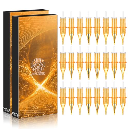 50pcs Mixed Tattoo Cartridge Needles, ATOMUS Assorted Disposable Tattoo Needle 3RL 5RL 7RL 9RL 3RS 5RS 7RS 9RS 5M1 7M1 for Tattoo Machine(Gold)
