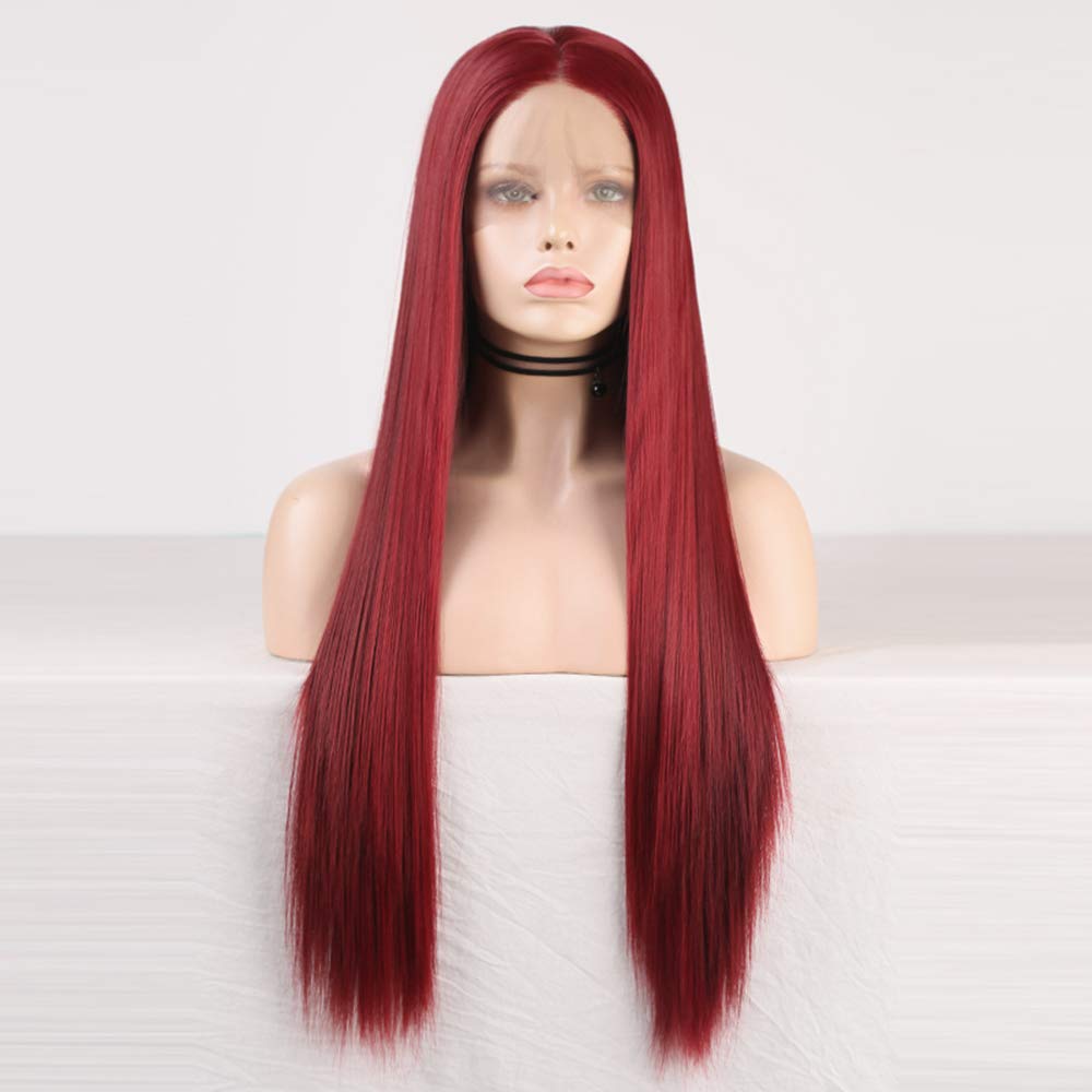 RDY Wine Red Wig Long Silky Straight Burgundy Synthetic Lace Front Wig for Women Cosplay Wig with Pastel Heat Friendly Fiber Glueless Wig Half Hand Tied Frontal Lace Wigs with Natural Hairline 20 Inch