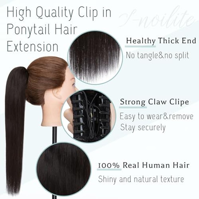 S-noilite Claw Clip Ponytail Extension Human Hair #1B Natural Black Real Remy Human Hair Ponytail Extension 18inch Long Straight Hair Pony Tails Hair Extensions For Women 115Grams