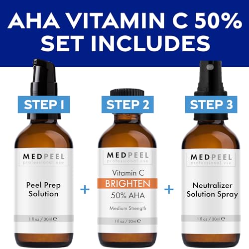 Medpeel 50% AHA & Vitamin C Brightening Essential Peel Kit, Includes Peel, Prep, Neutralizer, Medium Strength Professional Grade Chemical Face Peel, Minimize Fine Lines Wrinkles, 1oz/30ml (Kit of 3)