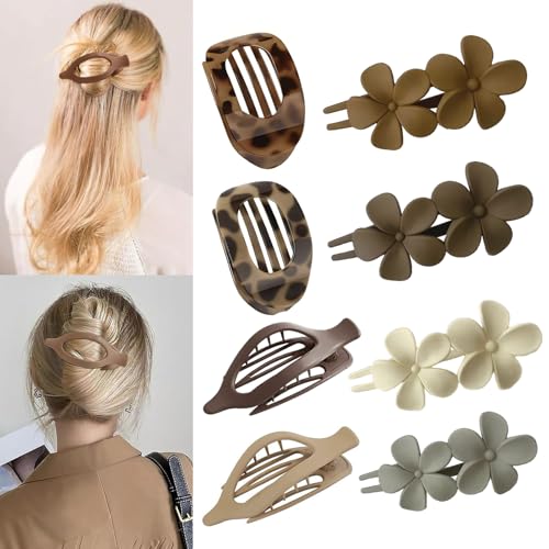 Xmasir 8 Pcs Flat Hair Clips for Women, 3 Styles French Flat Hair Claws Flower Clips Large Strong Hold No Slip Grip for Women Girls Thin Thick Hair (Multicolor)