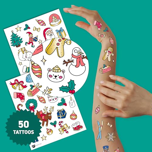 Omy Christmas Temporary Tattoos for Kids - 50 Festive, Colorful Designs with Santa, Gifts, and Snowflakes | Easy to Apply, Safe & Long-Lasting | Age 3 and Up