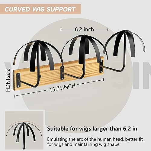 Hanging Wig Stand for Multiple Wigs, 6 PCS Wall Mounted Wig Hanger Holder, Durable Wig Storage Organizer Rack for Display, Storage, Styling, Drying (Carbon Steel and Wood)