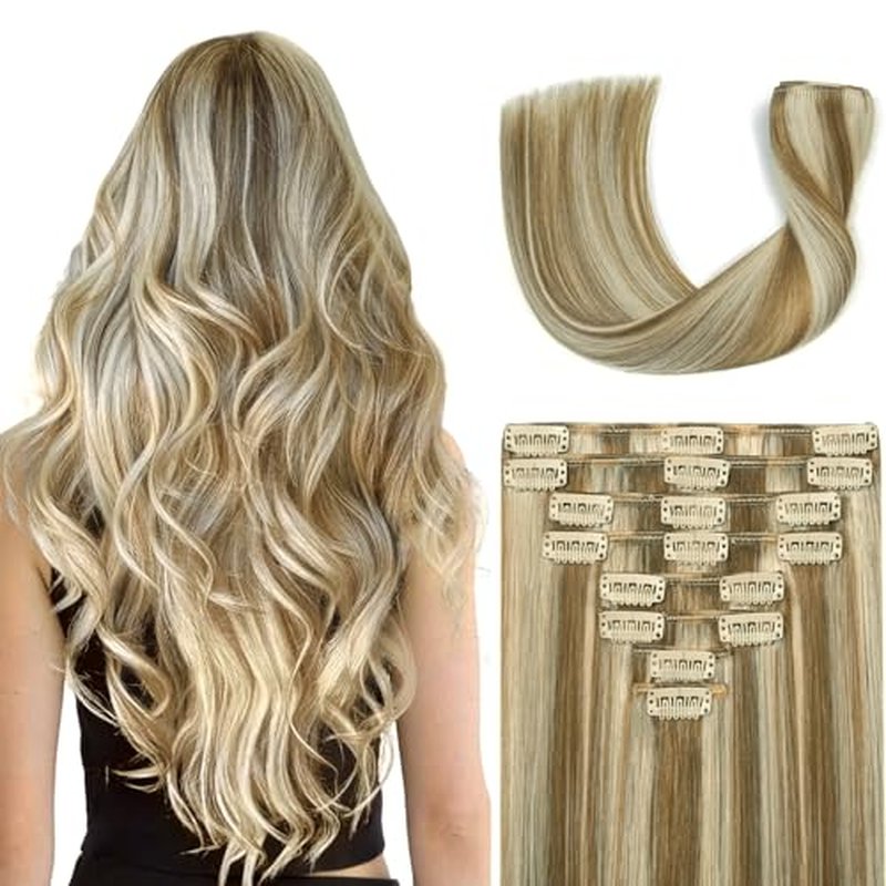 Clip in Hair Extensions Real Human Hair 24Inch 8pcs 120g Seamless Balayage Blonde Hair Extensions Clip Ins Double Weft Light Blonde Highlight Golden Blonde Invisible Straight Remy Human Hair for Women