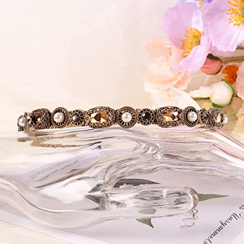 YARN & INK Gold Rhinestone Pearls Headbands for Women Girls, Non Slip Bling Headband Hair Accessories Retro Christmas Gift (Baroque Champagne)