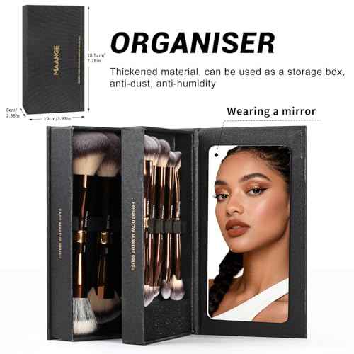 MAANGE Makeup Brush Set with Mirror Double-ended Kabuki Makeup Brushes For Foundation Contour Liquid Powder Concealer Eye Shadows Cream Cosmetics Blending Blush Makeup Tools (Coffee Brown, 8 PCS)