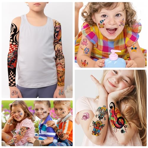 52 PCS Kids Full Arm Temporary Tattoos - Rocket Car Dinosaur Planet Astronaut & Dolphin Castle Cat Body Tattoos Stickers for Boys & Girls, Party Supplies Gifts