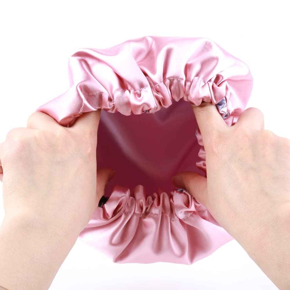 ELIHAIR 2pc Kids Satin Bonnet Sleeping Cap for Natural Hair Teens Toddler Child Baby Adjustable Satin Cap for Night Sleeping Reversible Double Layer(Black+ Pink/Purple)