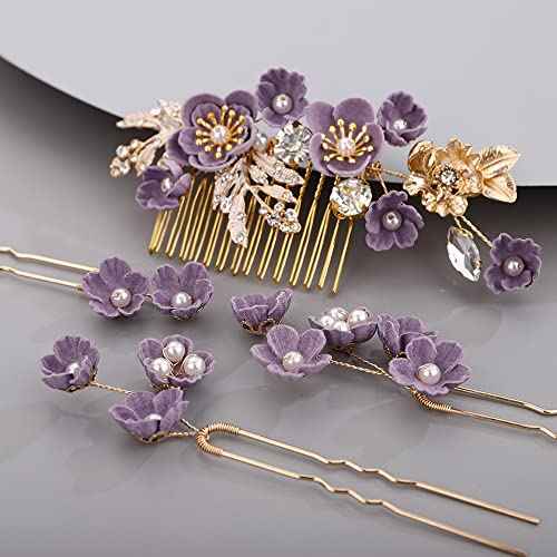 Rhinestone Flower Hair Pieces Bridal Purple Flower Hairpins Hair Comb Set for Bride Bridesmaid£¨4pcs£©