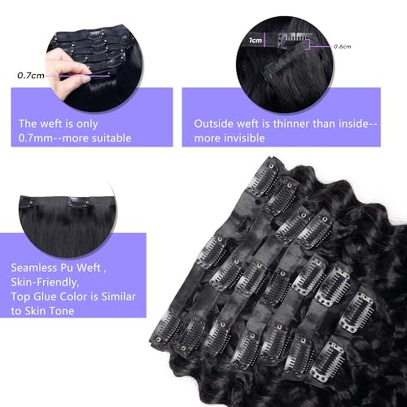 Seamless Clip in Hair Extensions Real Human Hair Deep Wave Brazilian Virgin Human Hair Clip in Extensions for Women 8Pcs PU Remy Hair Skin Weft with 18Clips 120g 22inch Natural Black