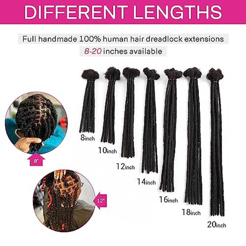 100% Loc Extensions Human Hair, 12Inch 0.6cm 40 Strands Handmade Dreadlock Extensions for Men Women Kids (#Natural Black)