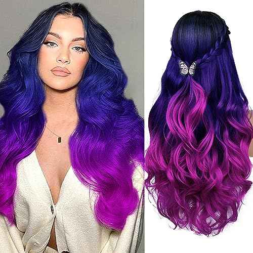 Quantum Love Long Purple Wavy Wigs Ombre Purple Body Wave Mermaid Hair Wig for Women Middle Part Colorful Curly Synthetic Hair for Halloween Cosplay Daily Party Use