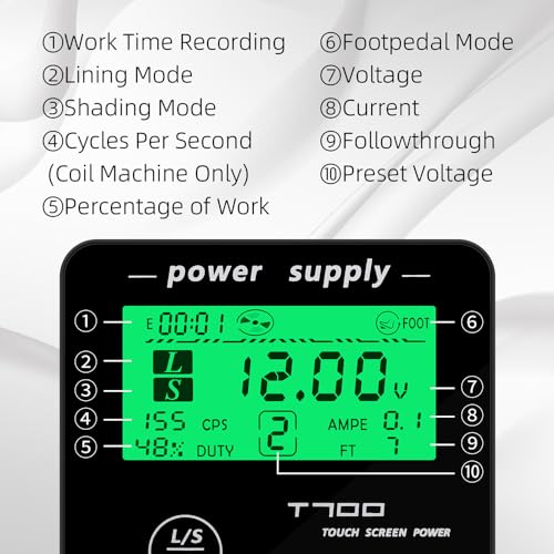 Dragoart T700 Tattoo Power Supply 3-18v Professional Tattoo Power Supply Box for Coil & Rotary Tattoo Machine, 6 Preset Voltages/Liner Shader Switch/2 Foot Pedal Modes/Touch Screen/Adjustable Stand
